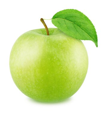 Beyaz arkaplanda yaprağı olan taze yeşil elma