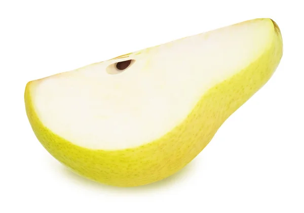 Slice of ripe yellow pear with leaf isolated — Stock Photo, Image