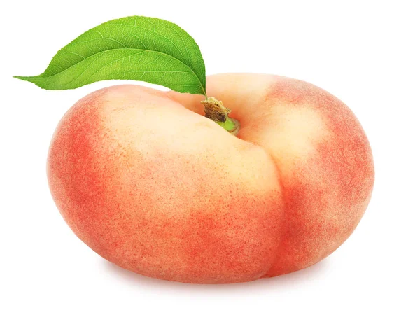 Flat peach with leaf. Full depth of field. — Stock Photo, Image