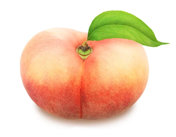 Flat peach with leaf. Full depth of field. — Stock Photo, Image