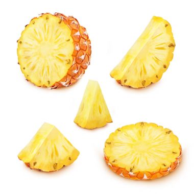 Beyaz izole ananas dilimleri kümesi.
