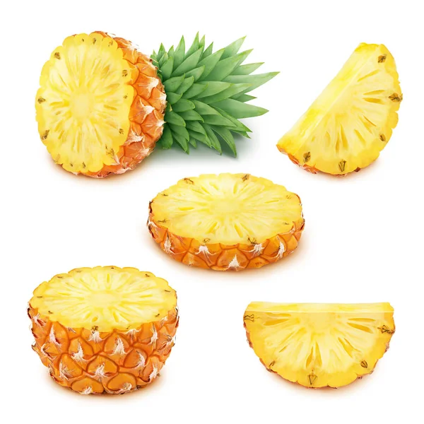 Ananas kümesi: tüm ve dilimlenmiş ananas. — Stok fotoğraf