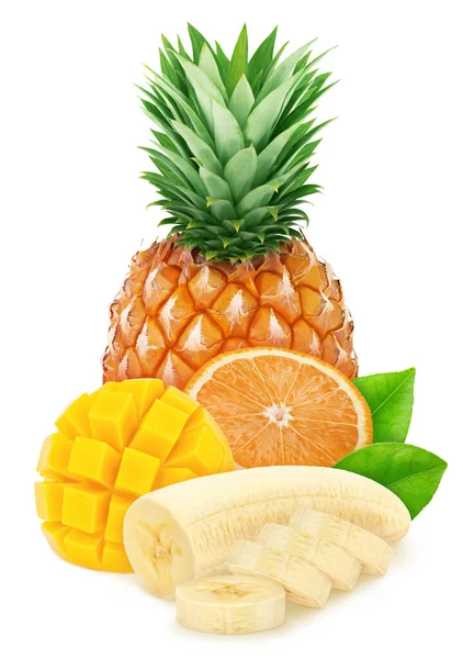 Samenstelling met mix van tropisch fruit geïsoleerd op een witte achtergrond met knippad. — Stockfoto