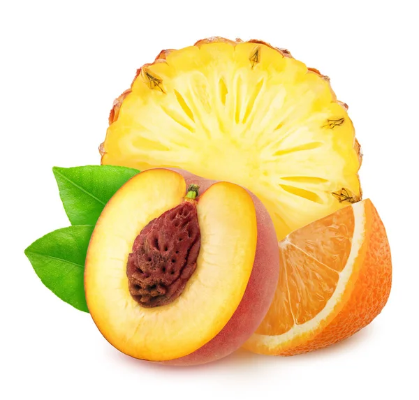 Colourful composition with sweet fruit mix - pineapple, orange and peach isolated on a white background with clipping path. — Stock Photo, Image