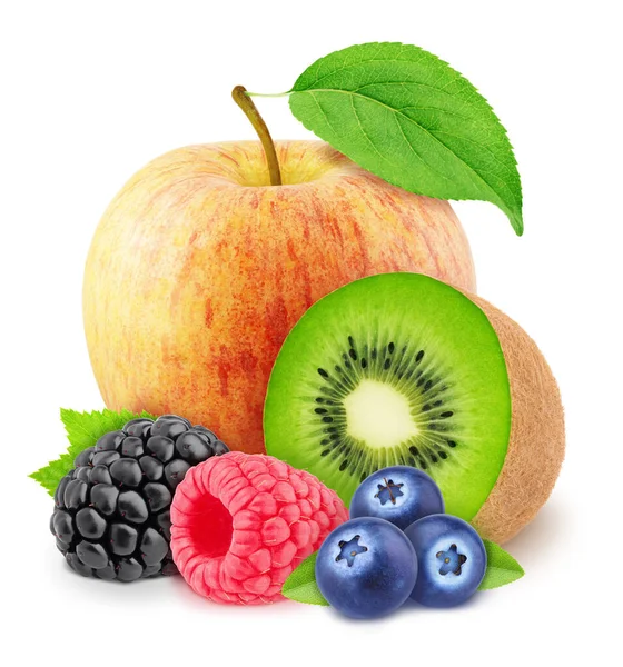 クリッピングパスを持つ白い背景に隔離された甘い果実や果物の品揃えと多色構成. — ストック写真