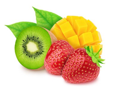 Beyaz arkaplanda kivi, mango ve çilekli birleşik görüntü.