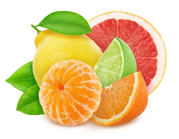 Mnohobarevné složení s kombinací různých citrusových plodů izolovaných na bílém pozadí. — Stock fotografie