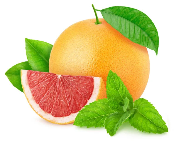 Samenstelling met gesneden en hele grapefruit en takje munt geïsoleerd op een witte achtergrond met knippad. — Stockfoto