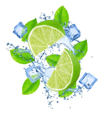 Buz küpleriyle kesilmiş kireç ve su yaprakları beyaz arka planda izole edilmiş..