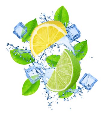 Buz küplü limon ve limon dilimleri ve su yaprakları beyaz arka planda izole edilmiş..