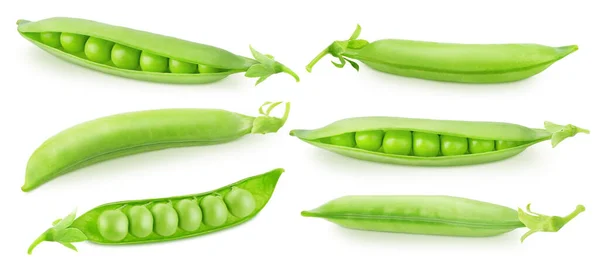 Set Van Hele Geopende Erwtenpeul Met Bonen Geïsoleerd Een Witte — Stockfoto