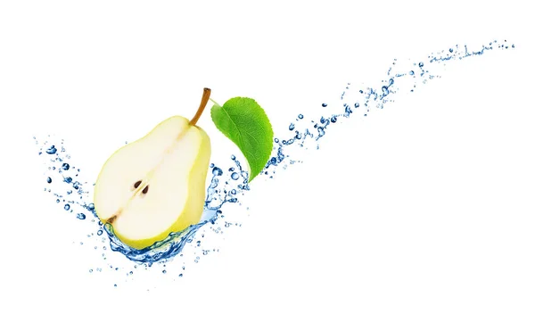 Half of pear with leaf in water splash with full depth of field isolated on white background. — Stock Photo, Image