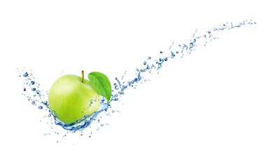 Whole green apple in water splash with full depth of field isolated on white background. clipart