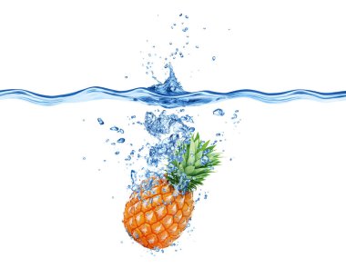 Bütün ananas suya düşüyor. Beyaz arka planda izole edilmiş..