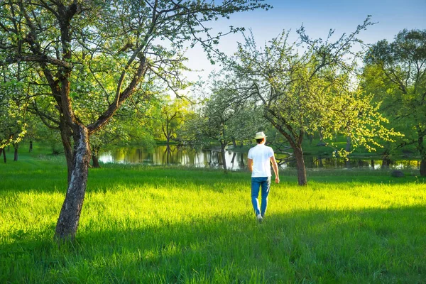 Attractive young man in natural parkland in summer morning enjoying sunlight. Man in summer clothes outdoors.