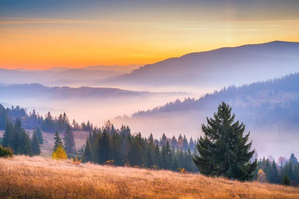 Lever de soleil dans les montagnes avec brouillard — Photo