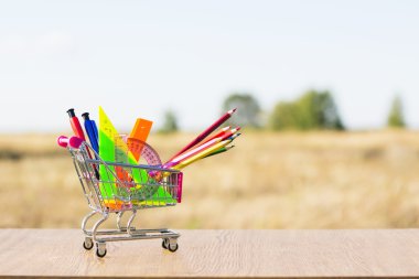 Geri alışveriş sepeti ve beyaz arka plan üzerinde çok renkli kalemler ile okul konsepti. Eylül'ün ilk günü. Bilgi günü. Okul malzemeleri satın alma