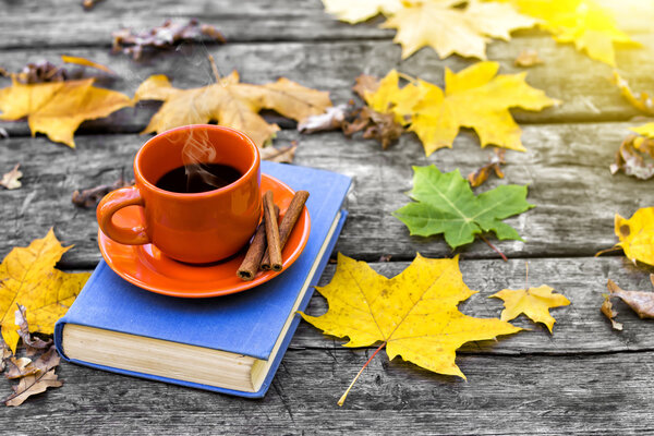 The book and cup of hot coffee on the old wooden table, covered in yellow maple leaves. Back to school. Education concept. Beautiful autumn background. Picturesque composition. Weekend in the Park.