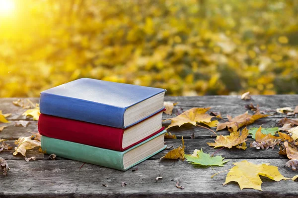 Könyvek a régi fából készült asztal, fedett sárga juhar levelek. Vissza az iskolába. Oktatási koncepció. Gyönyörű őszi háttér. Festői kompozíció naplementekor. Hétvége a parkban. — Stock Fotó