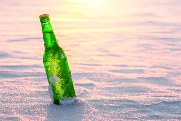 Una botella de cerveza fría en la nieve. Vista de cerca . —  Fotos de Stock