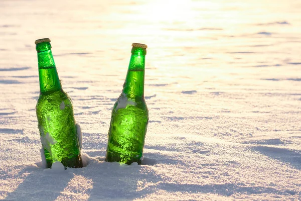 Две бутылки холодного пива на снегу . — стоковое фото