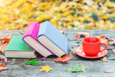 Kitap yığını ve gün batımında ormandaki yaşlı ahşap masa üzerinde sıcak kahve. Okula dönüş. Eğitim kavramı. Güzel sonbahar arka plan. Pitoresk kompozisyon. Parkta hafta sonu. 