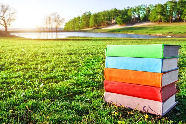 Stapel veelkleurige boeken op het groene gras bij zonsondergang. Recreatieve bezigheden. Recreatieactiviteiten. Voorjaar van het schilderachtige landschap. Het concept van onderwijs en leren. — Stockfoto