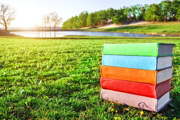 Montón de libros multicolores sobre la hierba verde al atardecer. Actividades recreativas. Actividades de ocio. Paisaje escénico de primavera. El concepto de educación y aprendizaje . —  Fotos de Stock