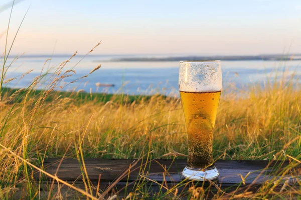 Verre de bière froide au coucher du soleil sur le fond de champ de blé et ciel bleu. Paysage estival. Loisirs et détente. Bières fraîches. Vue panoramique sur la mer depuis le sommet des collines . — Photo