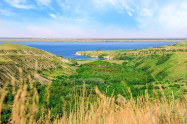 Tepelerin üst deniz doğal manzara. Güzel yaz arka plan. Muhteşem manzara sarı çayır, yeşil ağaçlar, mavi gökyüzü, dik kayalıklarla ve pitoresk Körfezi ile. Panoramik fotoğraf. Kamp ve dinlenme.