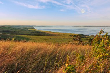 Tepelerin üst deniz doğal manzara. Güzel yaz arka plan. Muhteşem manzara sarı çayır, yeşil ağaçlar, mavi gökyüzü, dik kayalıklarla ve pitoresk Körfezi ile. Panoramik fotoğraf. Kamp, dinlenmek, dinlenmek.