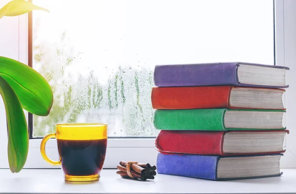 Bir fincan sıcak kahve tarçın ve bir pencere üzerinde kitap yığını. Pencerenin yağmur dışında. Ev iç.