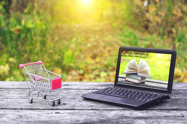 Alışveriş sepeti ve dizüstü doğa arka plan eski ahşap masa üstünde belgili tanımlık perde kitapları ile. Konsept: okul, eğitim hazırlıkları. Çevrimiçi satın alma.