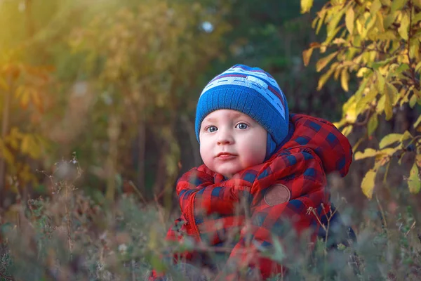 Little cute baby siting in the grass. Lifestyle, fashion and trendy style. Advertising clothes. Autumn collection. Walk in autumn park in rainy weather. Retro and vintage design. Close up view. — Stock Photo, Image