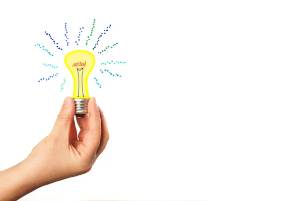 白い背景で非常に熱い電球を持っている手 新しいアイデア 革新および事業開発のコンセプト — ストック写真