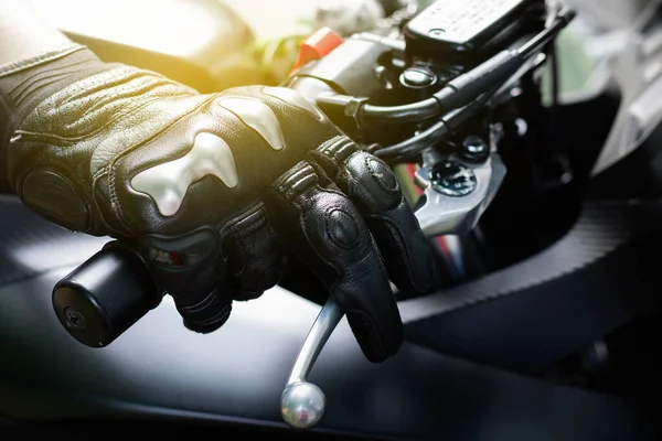 Close Throttle Control Hand Brake Lever Motorcycle Hands Wearing Black — Stock Photo, Image