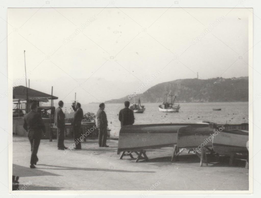 Vintage photo shows the Italian riviera.  Retro black & white  photography.