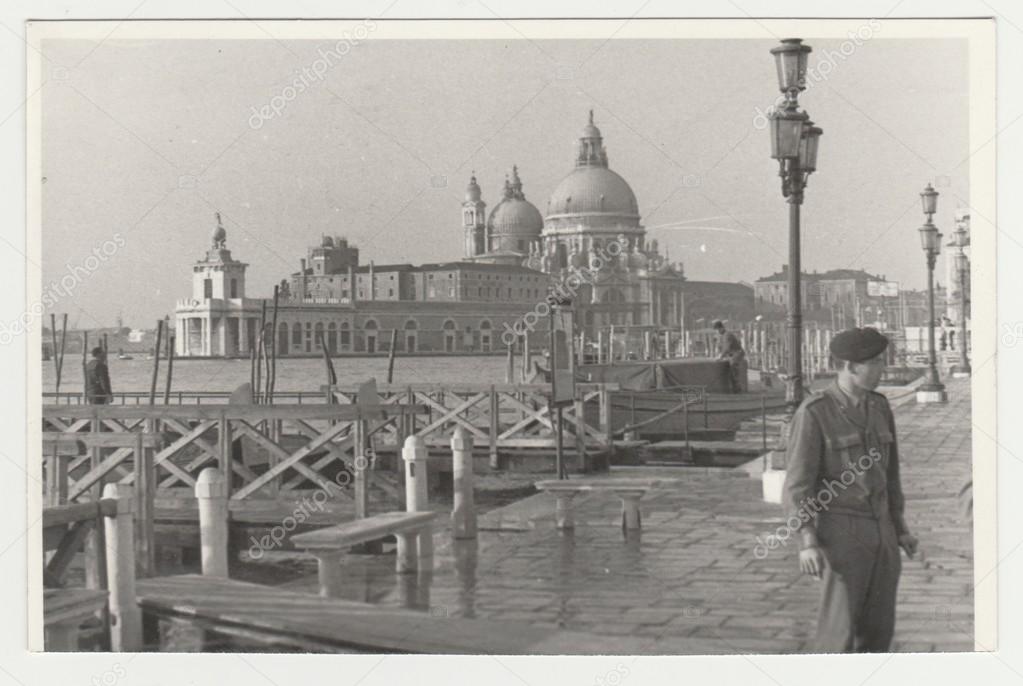 Vintage photo shows the Italian town - Venice.  Retro black & white  photography.