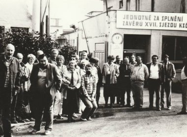 Vintage photo shows workers in front of factory.  Retro black & white  photography  clipart