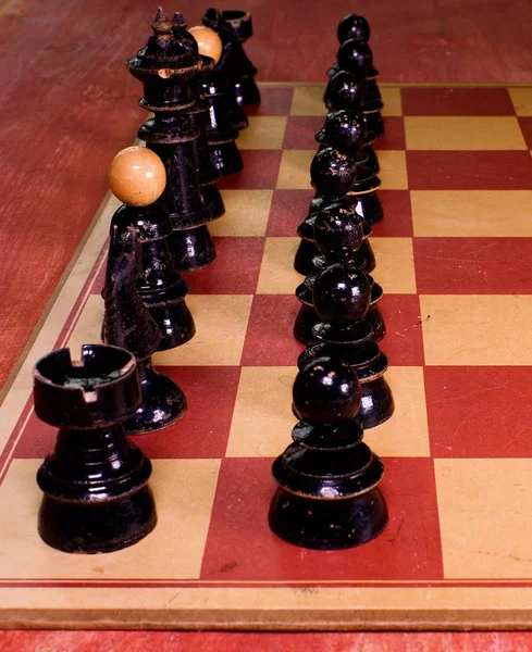 Vintage wooden chess pieces. Black pieces - ready to play. — Stock Photo, Image