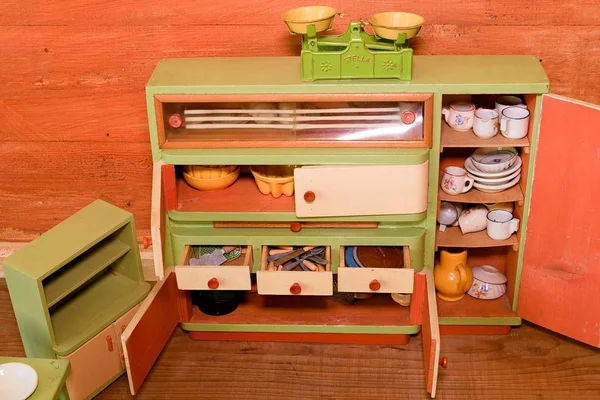 Vintage toys for girls. Wooden toy kitchen — Stock Photo, Image