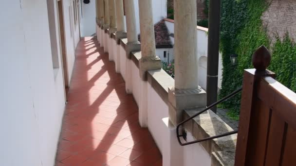Patio histórico. Casa histórica con columnas pedregosas e ivies en la pared de ladrillo . — Vídeos de Stock