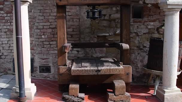 Prensa histórica de vino en el patio histórico . — Vídeo de stock