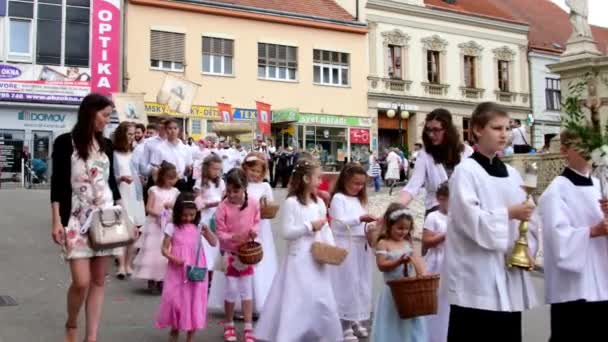 Святкування свята Corpus Christi тіла Христового також домініканців Божого. Дівчатка і Хлопчики носити народні костюми. — стокове відео