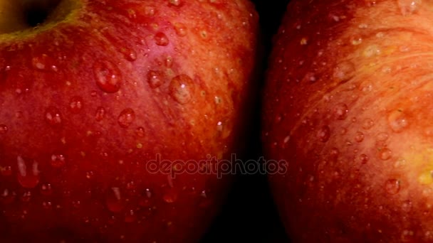 Szerves piros Alma szereplő vízcseppek, frissítő lédús gyümölcs, egészséges táplálkozás. Fekete háttér. — Stock videók
