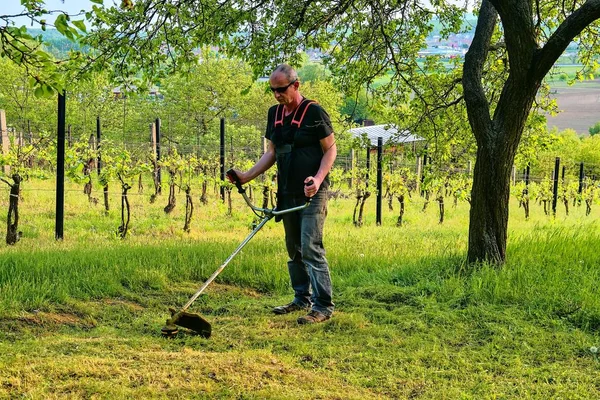 ブラシ カッターを使用して老人を Midle。庭で中年の男性。園芸概念 — ストック写真