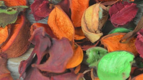 Potpourri. Gros plan de fleurs séchées, utilisées pour l'aromathérapie, fond multicolore. Vue du dessus . — Video