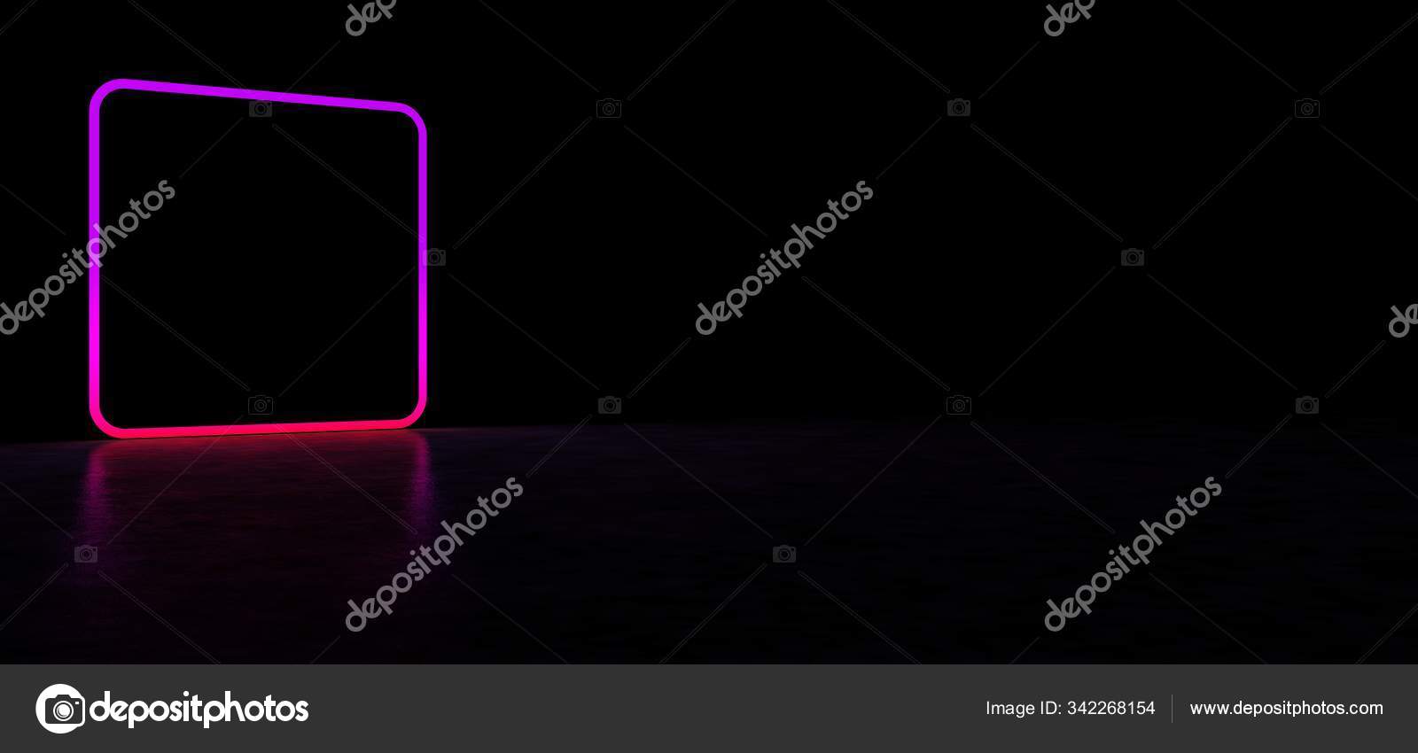 Luminous frame with rounded corners in a dark space. Glowing square