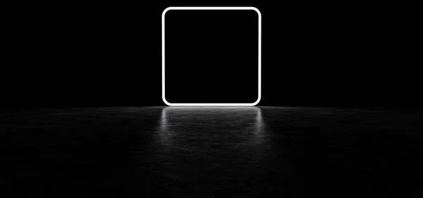 Leuchtender Rahmen mit abgerundeten Ecken in einem dunklen Raum. Leuchtender quadratischer weißer Rahmen. 3d Render. — Stockfoto