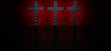 Three crosses of guitar amps highlighted in red in a dark space. 3D render. clipart